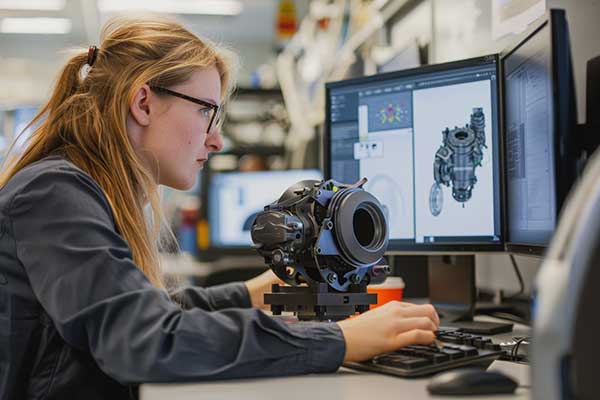 Female engineer using 3D modeling software for mechanical design