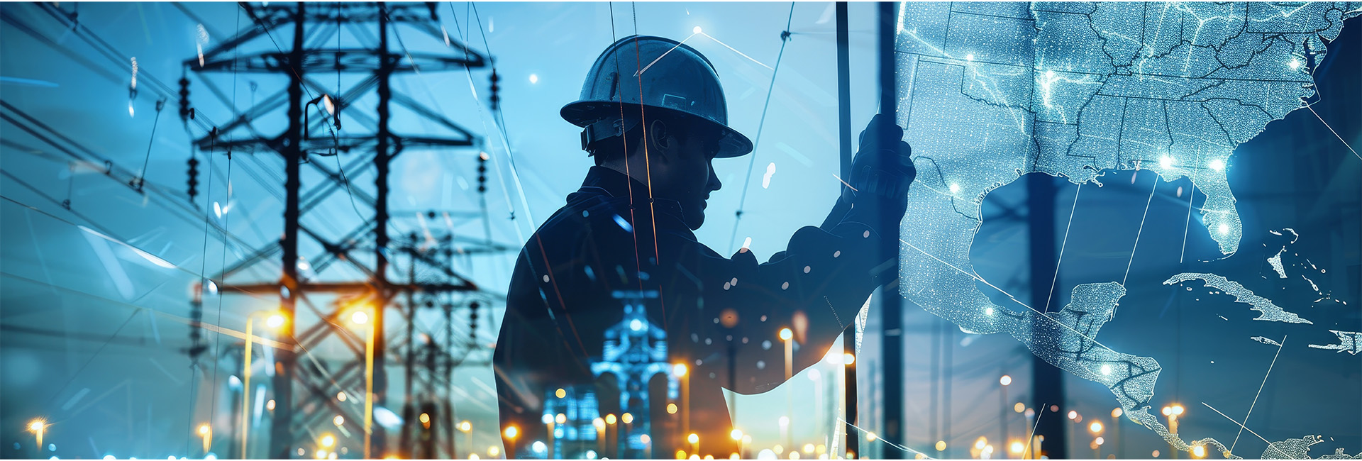 electrician on pole with wires and map of the states