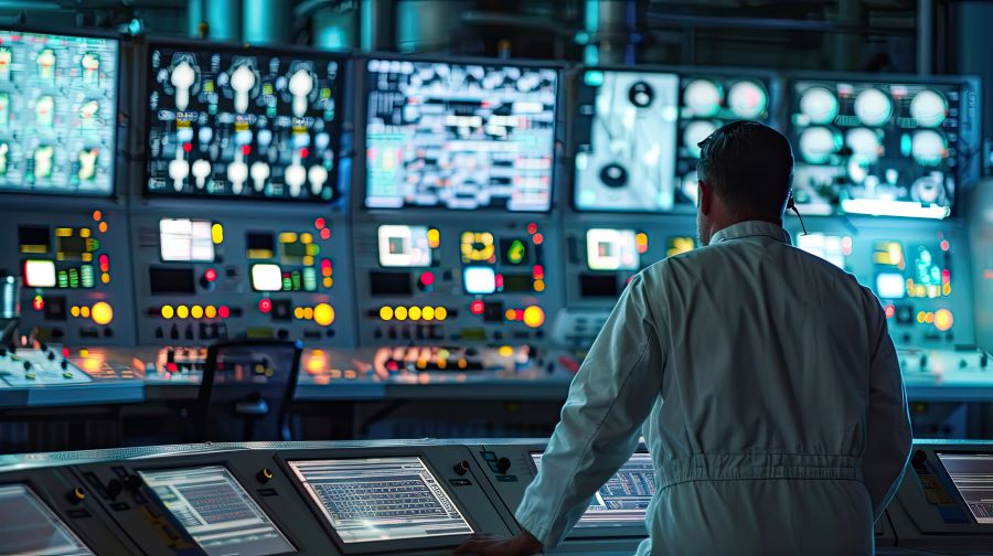 A technician in a white lab coat monitors a control room filled with illuminated screens, buttons, and complex instrumentation.