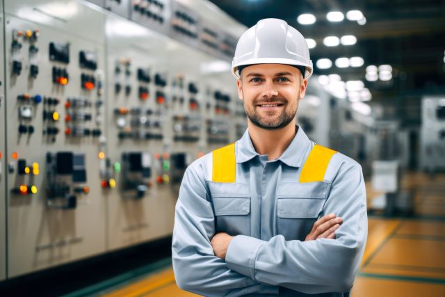 A proud smiling electrical engineer in front of control panel of power plant