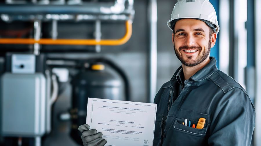 A technician smiling and holding a certificate in a modern industrial setting.