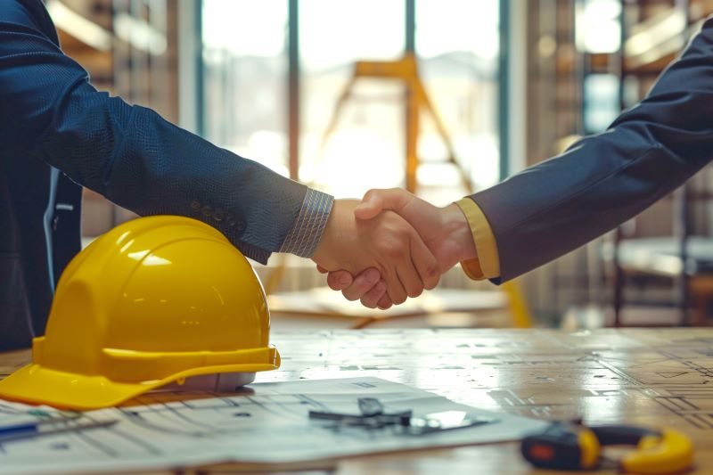 Yellow safety helmet on a workplace desk with two construction worker hands shaking