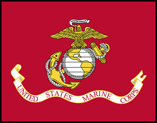 The official emblem of the United States Marine Corps on a red background, featuring a globe, anchor, and eagle with a banner above reading 'Semper Fidelis' and a ribbon below reading 'United States Marine Corps.