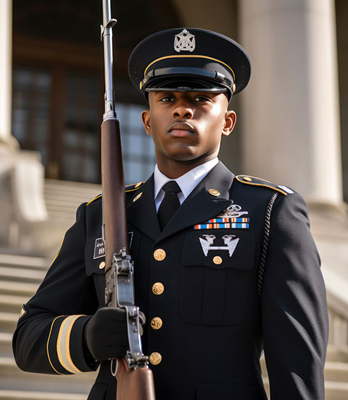  a uniformed cadet standing confidently in front of a grand building, part of a military or ROTC (Reserve Officers' Training Corps) program.