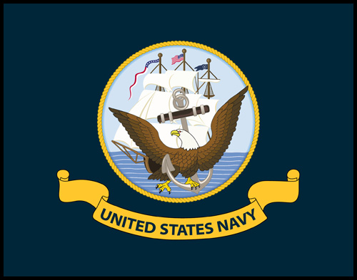 The official emblem of the United States Navy, featuring an eagle perched on an anchor in front of a sailing ship, encircled by a rope border with a yellow banner below reading 'United States Navy.