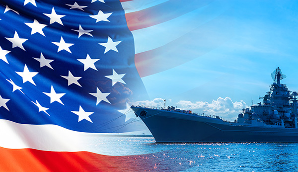 An American flag superimposed over a naval battleship at sea, symbolizing patriotism and the U.S. Navy.