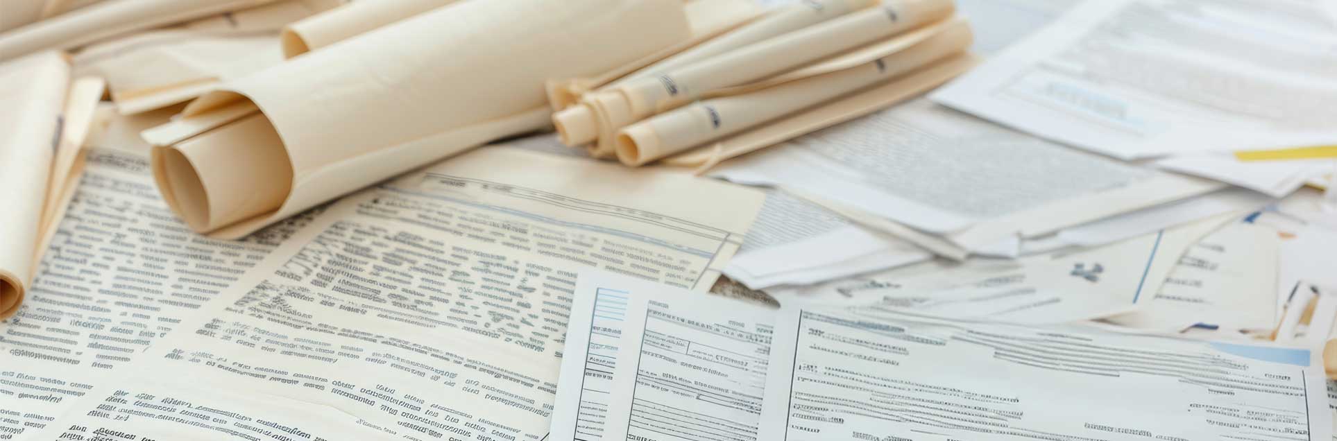 A close-up of a pile of rolled-up papers and documents, with various forms and text visible