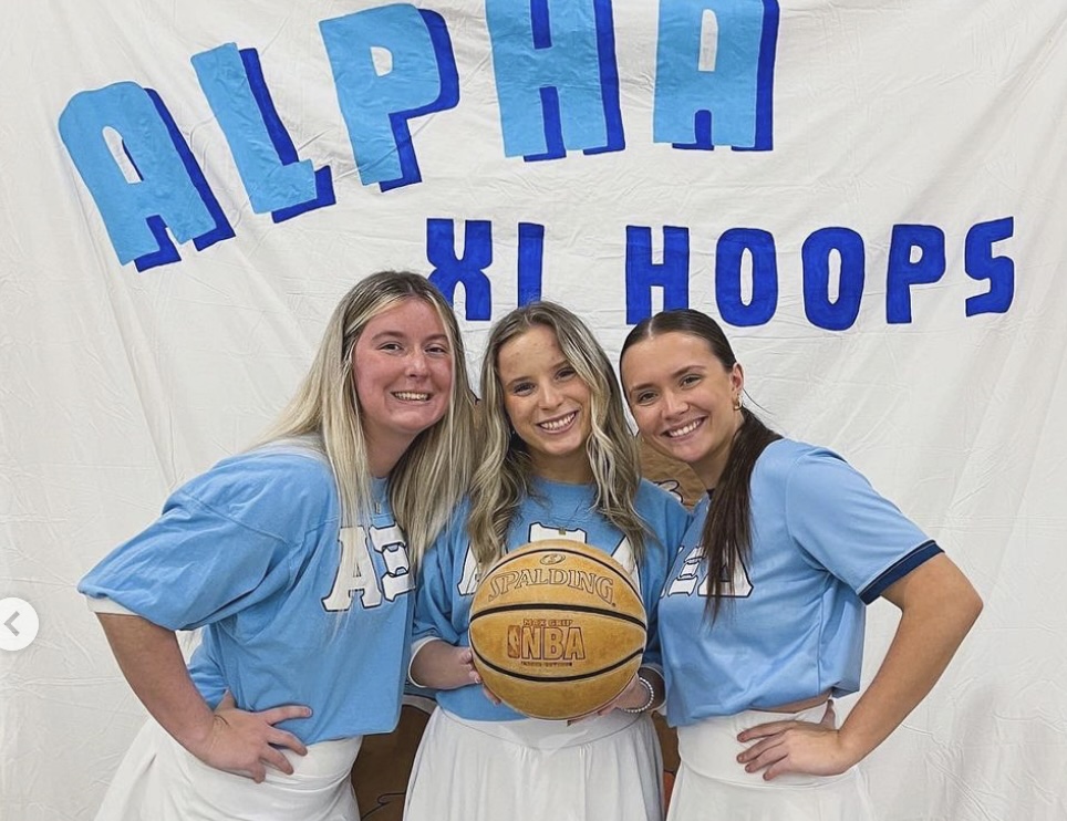 Alpha Xi Hoops sorority holding basketball / 