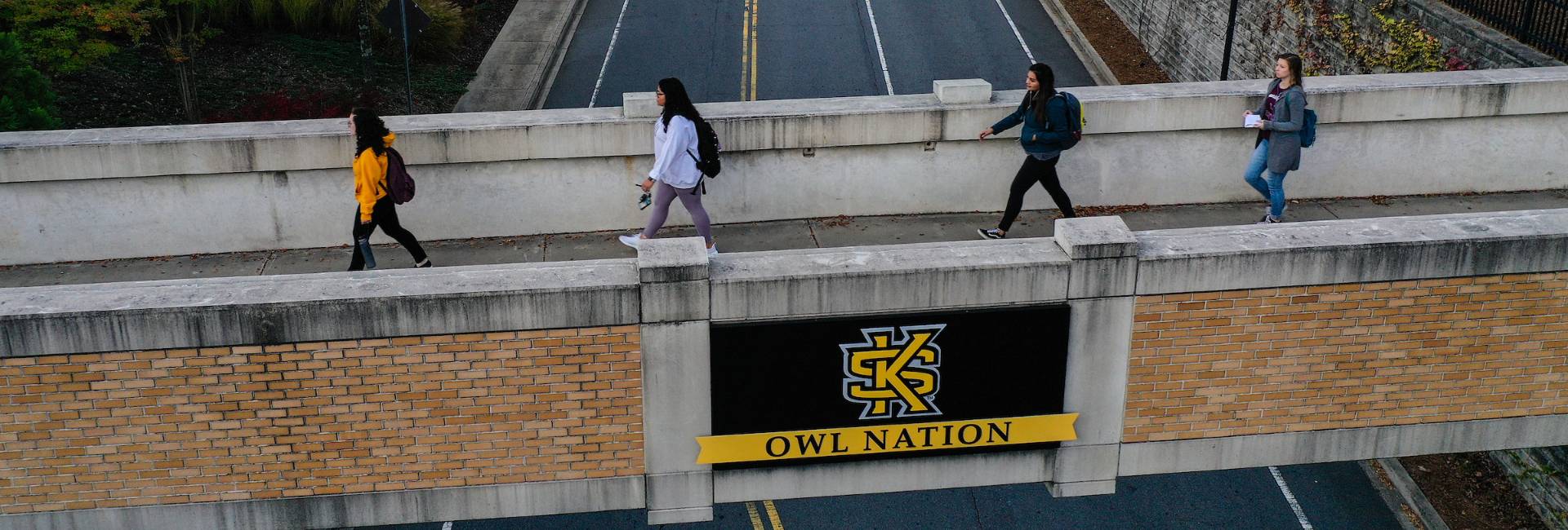 KSU students walking over the bridge at the kennesaw campus.