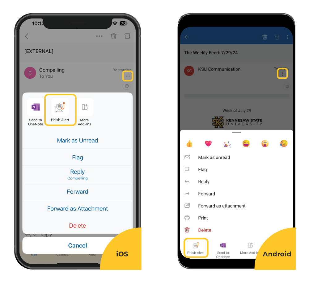 Example of outlook on iOS and Android showing an example of the Phish Alert button