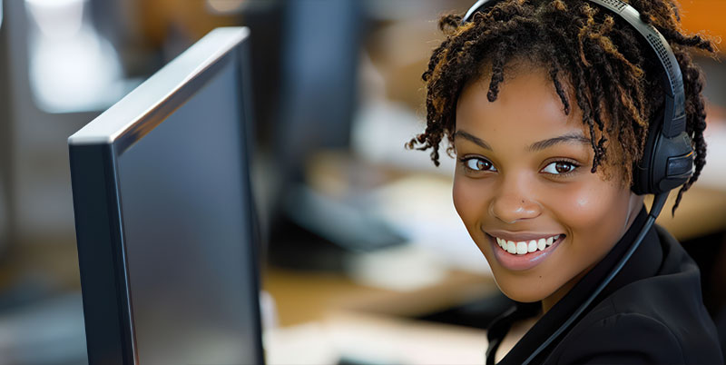 woman with laptop wearing a headset