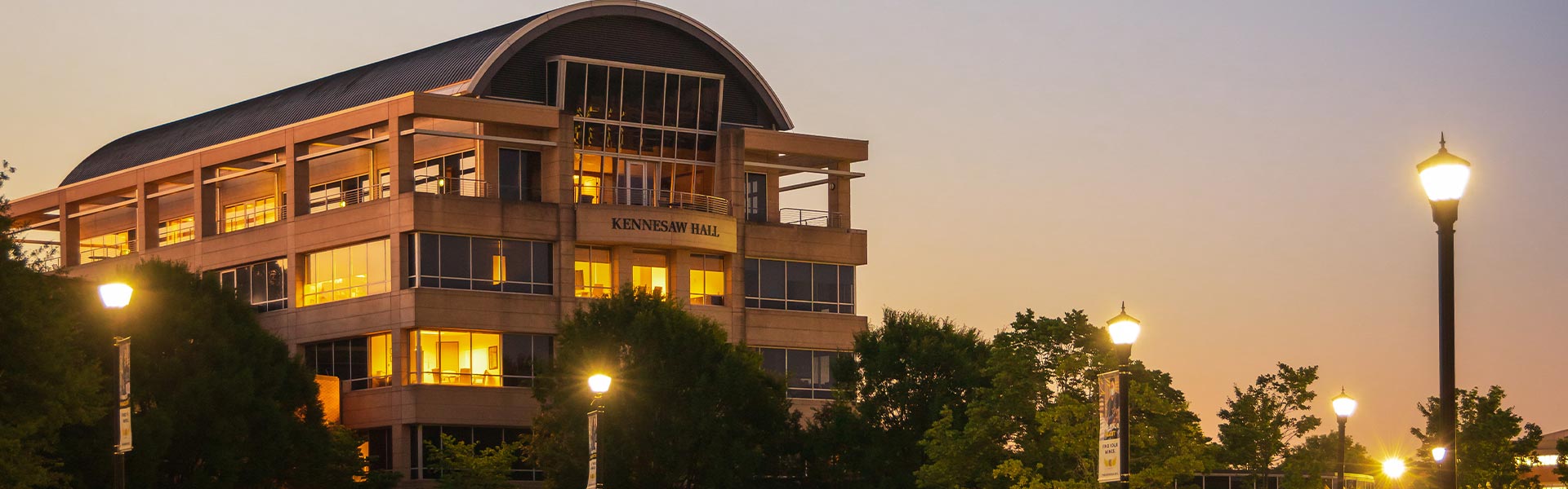 Kennesaw Hall at dusk.