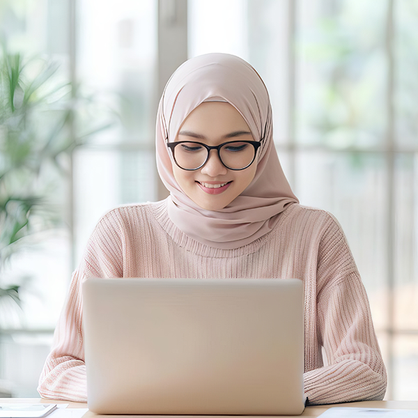 international student on laptop