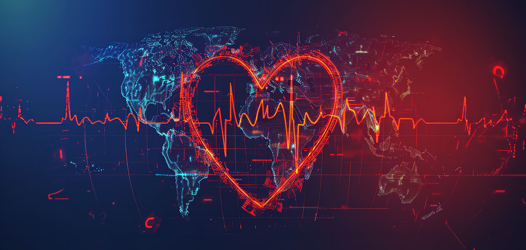 Graphic with heart, ECG, and global map